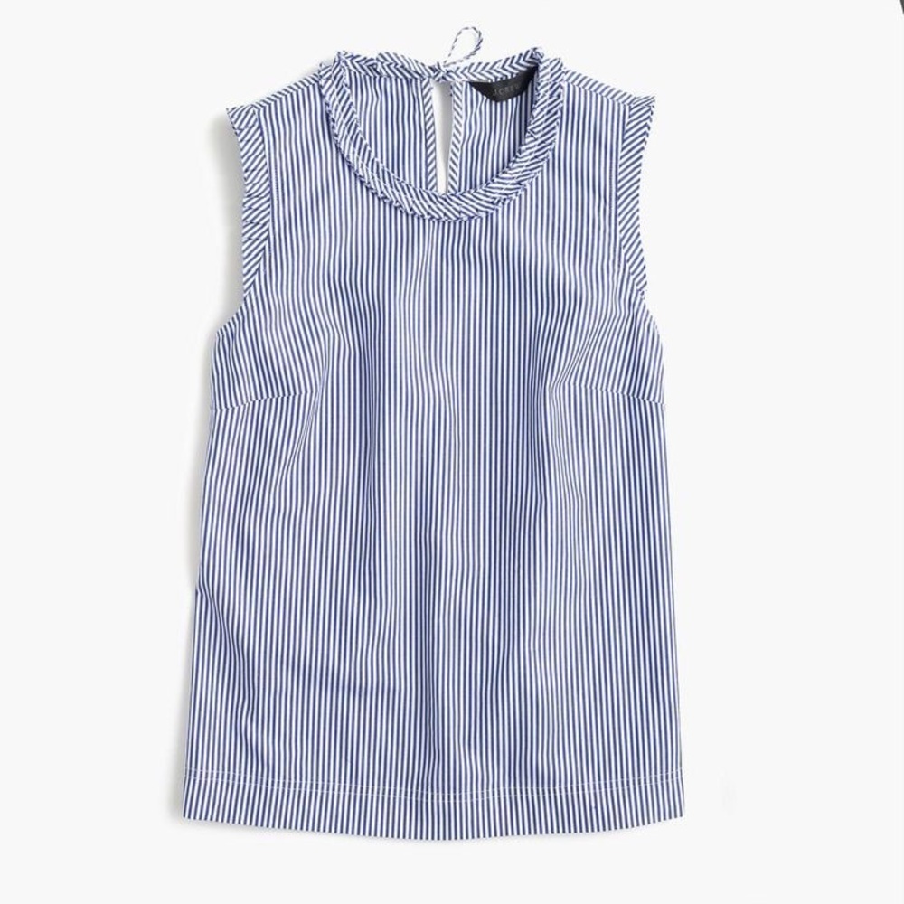 J. Crew Blue and White Stripe Ruffle Trim Sleeveless Top Size 8 - Picture 1 of 8